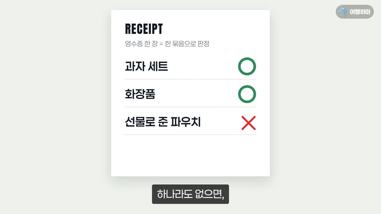 영수증 한 장은 한 묶음으로 판정: 과자 세트·화장품은 있지만 선물로 준 파우치가 없으면 그 영수증 전체가 환급 안 됨